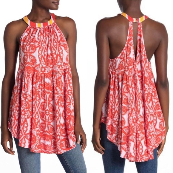 Free People Tops - Free People Size XS Mimi Sleeveless Tunic Orange White Halter‎